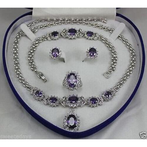Beautiful Womens Jewelry Amethysts Necklace Bracelet Ring Earring Set+box