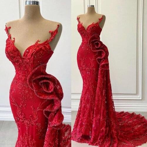 Red Floral Evening Dresses With Straps Appliques Beadings Custom Made Sexy Strap Prom Dress Mermaid Pageant Dress