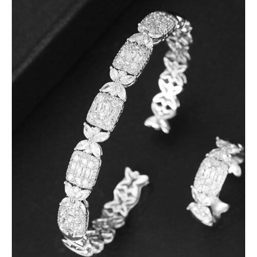 LARRAURI 2PCS Bracelets/Ring Luxury Cubic Zirconia Open Bangle Resizable Rings Trendy Girls Women Patry Wedding Jewelry Sets