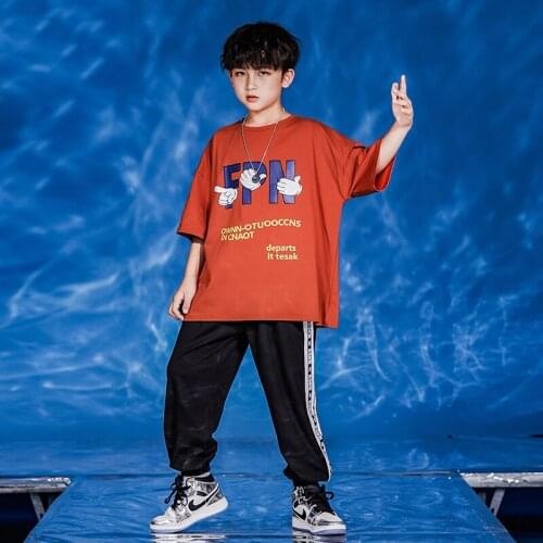 New Hip-Hop Clothing For Children Red T-Shirt Black Pants Kids Jazz Dance Clothes Boys And Girls Street Dance Costumes VO1224