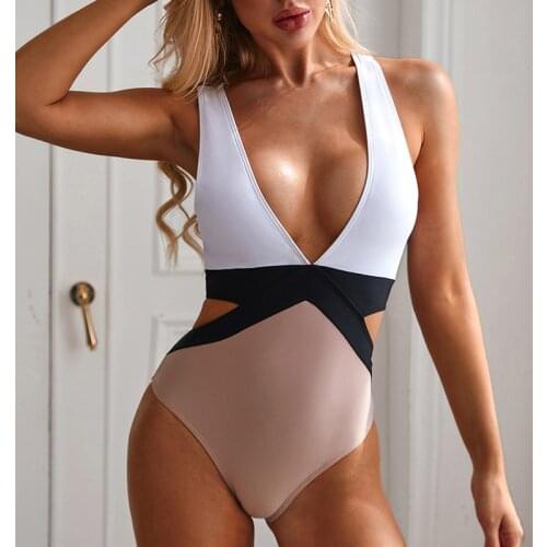 2020 New Sexy Patchwork V Neck One Piece Swimsuit Women Swimwear Female Backless Monokini High cut Bathing Suit Swim Bodysuit