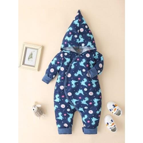Autumn Newborn Baby Boy Winter Clothes Cotton Cartoon Dinosaur Planet Print Single Breasted Long Sleeve Hooded Baby Romper 0-12M