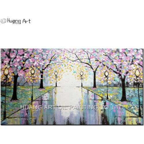 Professional Artist Handmade Modern Landscape Painting on Canvas Pink Flower Tree Street Road View Painting for Room Decor Art