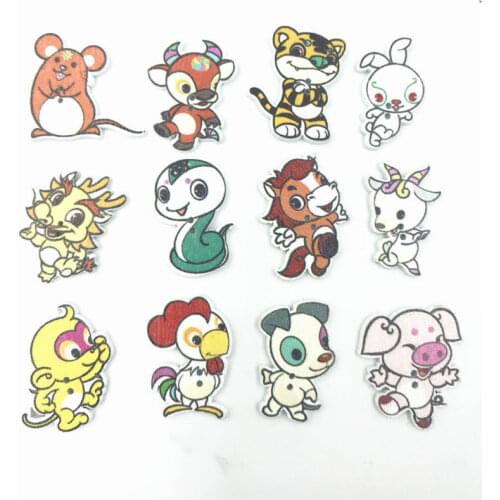 DIY 100PCS Chinese Zodiac Wooden Buttons Cartoon Animal Sewing Scrapbooking Random mixing