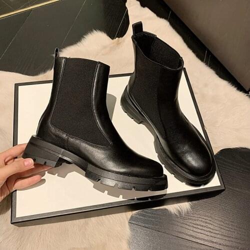 SKLFGXZY 2021 Winter Boots Women Shoes Woman England Vintage Cowhide Knitted Smoker Boots Chelsea Ankle Boot Botas Shoes Women