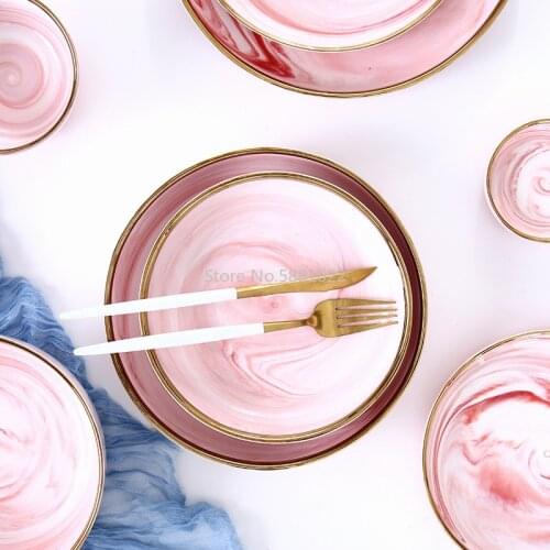 Unique Nordic Pink Phnom Penh Ceramic Tableware Household Marble Porcelain Dish Steak Plate Rice Noodle Soup Bowl Dinnerware