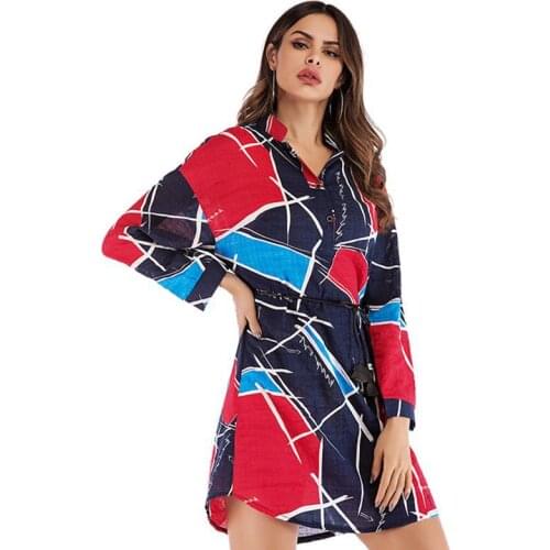 2021 Spring Autumn Casual Shirt Dress All-match Loose Geometric Printing Long-sleeved Shirt Dress Women Bandage Mini Dresses