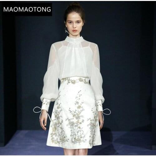 Womens Clothing Fashion Designer Set Spring Womens Lantern Sleeve Shirt Tops+Embroidery Sequins Skirt Two-piece set