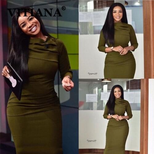 VITIANA Women Elegant O-Neck Wrinkle Bodycon Dress Summer 2020 Female Slim Office Lady Midi Dresses Femme Casual Vestidos OL