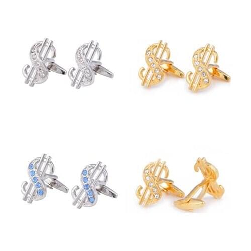 10pairs/lot Dollar Sign Cufflinks Gold Silver Crystal Cuff Llinks White/Blue Rhinestone US Dollar Sign Cufflink Mens Jewelry