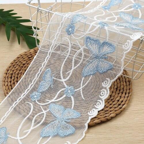 2yards 18.5cm White Mesh Blue ButterflyEmbroidered Lace Trims FabricGarment Material DIY Craft Wedding Dress Sewing Accessories