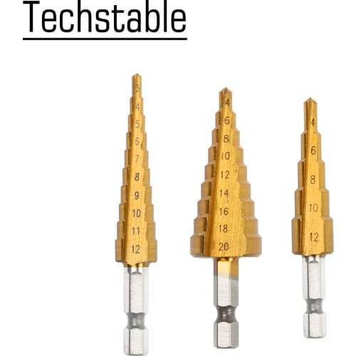 4pcs HSS Steel Titanium Step Drill Bits 3-12mm 4-20mm 4-12mm Step Cone Cutting Tools Steel Woodworking Wood Metal 4-12/20/32mm