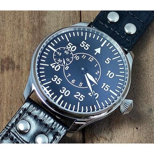 44mm GEERVO black dial Asian 6497 17 jewels Mechanical Hand Wind movement mens watch green luminous Pilots watch GR24-21