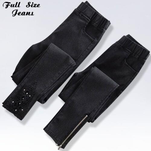 Plus Size Ripped Skinny Pencil Jeans 3XL 4XL Woman Elastic Waist Mom Stretch Jeans Ladies Denim Pants Rhinestone Casual Jean