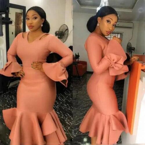 South African Satin Mermaid Prom Dresses Aso Ebi Style Long Sleeves Tea Length Evening Gowns Robe De Soiree Women Formal Wear