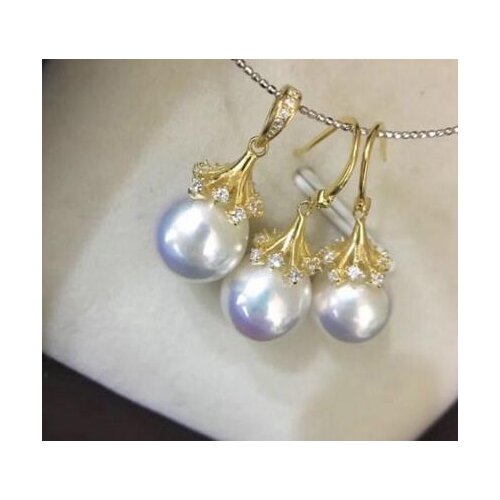 Free shipping >>>>noble jewelry gorgeous set of 11-12mm south sea round white pearl pedant& earring18k