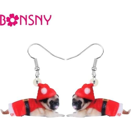 Bonsny Acrylic Christmas Hat Costume Uniform Pug Dog Earrings Drop Dangle Animal Jewelry For Women Girl Teen Kid Decoration Gift