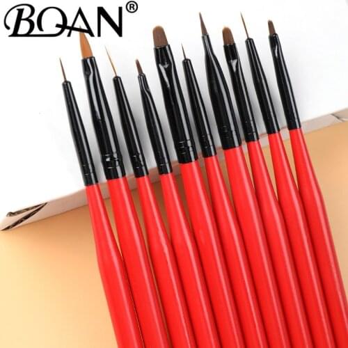 BQAN 10pcs Nail Art Painting Draw Brush with Metal Cap Professional Acrylic UV Gel Nail Polish Manicure Pen Liner Flat Round