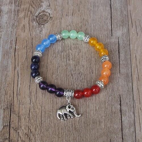Seven Chakra Bracelet 8 MM Beads Yoga Healing Reiki Pray Mala Elephant Pendant Charm 7 Chakra Strand Bracelet Jewelry