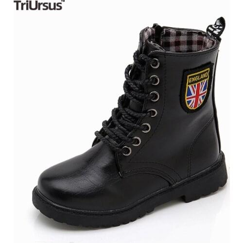 Childrens Fashion Boots Black Leather Toddler Girl Boots Shoes Lace Up Rubber Sole Kids Boys Winter Boots