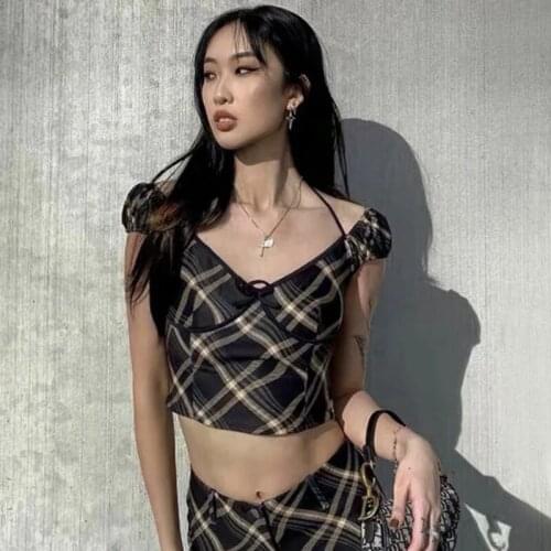 Women Sexy Cup Detail Plaid Crop Top With Tie Halter Detail A180