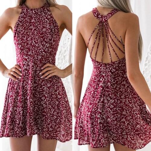 Hirigin Womens Boho Beach Summer Holiday tumblr Sundress Halter Floral Mini Dress Ladies Slim Sleeveless vestido playa