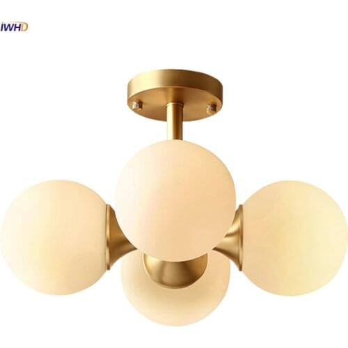 IWHD Nordic Copper Glass Ball Ceiling Lamp For Bedroom Living Room Stair 4 Heads Simple Modern LED Ceiling Light Fixtures
