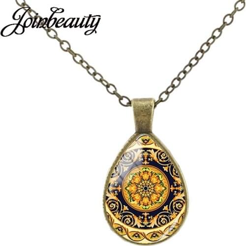 JOINBEAUTY Classic Flower Art Pattern Teardrop Pendant Necklace Handmade Jewelry Necklaces & Pendants Chokers For Women FL36