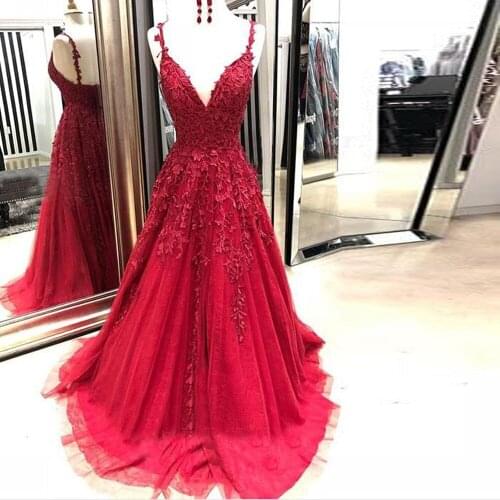 Spaghetti Straps Lace Appliques Tulle Long Hot Dresses 2020 Sexy Backless Party Dress Elegant A-line Gown
