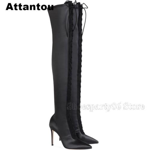 Fashion Black Satin Leather Pointed Toe Thin High Heel Women Boots Winter Over The Knee Boots Plus size 43
