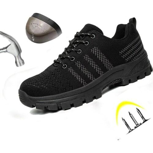 Safety Shoes Men Fashion Breathable Mesh Lace Up Rubber Sole Steel Toe Anti Smashing Wearable Non-slip Puncture Proof Work Boots