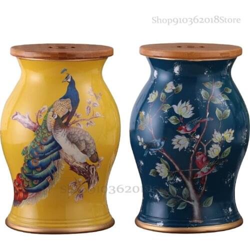 New Product Flower And Bird Bamboo Wood Ceramic Drum Stool American Home Craft Dressing Stool Shoe Changing Stool Home Decoratio