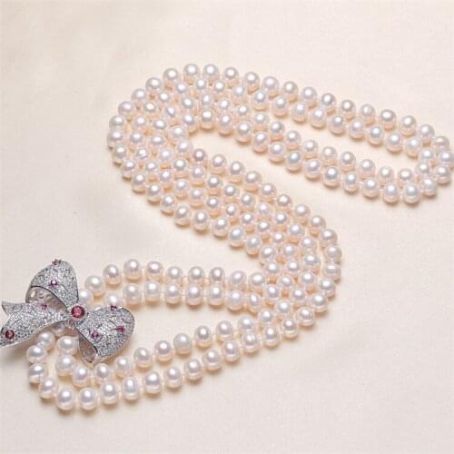 Natural Freshwater Pearl Double Strands Sweater Necklace 8-9mm White Pearl 70cm Long Necklace Bowknots Clasp Decoration