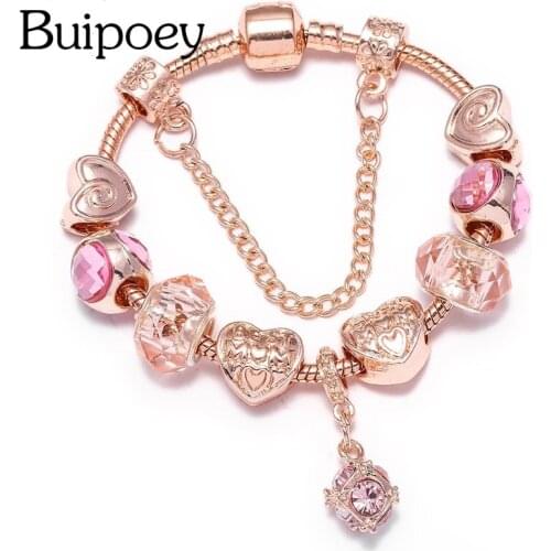 Buipoey Popular Rose Gold Heart Beads Charm Bracelets & Bangles Original Crystal Beaded Bracelets For Women Fashion Jewelry Gift