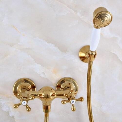 Luxury Polished Gold Color Brass Bathroom Hand Held Shower Head Faucet Set Mixer Tap Dual Cross Handles mna975