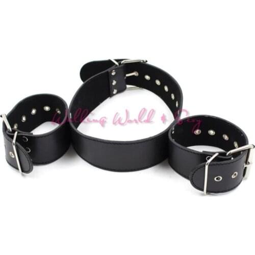 Adult Game Sex Slave Collar With Handcuffs Restraints Bondage Leather Collar Wrist Fixation Fetish Sex Toys For Couple Women
