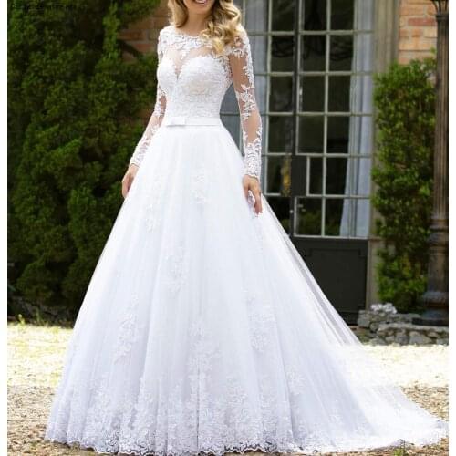 Vestido de noiva Shinning Tulle Long Sleeves Wedding Dresses with Lace Appliques Bride Dress Satin Belt Marriage Dress