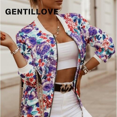 Floral Printed Women Jacket Autumn Winter Fashion O Neck Long Sleeve Zipper Pocket Casual Coats Bomber Outwear Streetwear