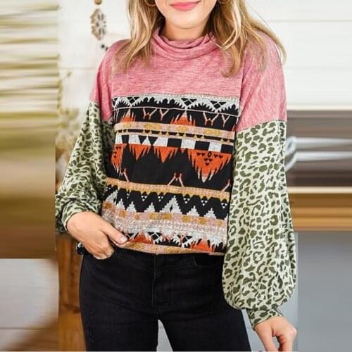 New Leopard Print Lantern Sleeve High Neck Ethnic Top 2021 Fall Printed Patchwork Loose Top Pullover Winter Streetwear Blusa