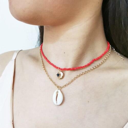 Bohemian Cowrie Conch Shell Pendant Necklace 2 Pces/Set Womens Beach Jewelry Trendy Gold Metal Chain Necklace Female Clavicle