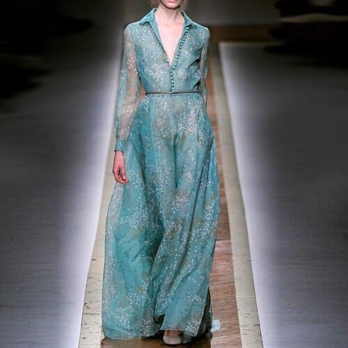 2021 Spring Summer Vintage Long Sleeve Floral Printed Pleated Chiffon Maxi Dresses for Women