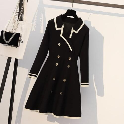 JSXDHK Women Notched Long Sleeve Sweater Dress New Autumn Plus Size Double-breasted Knitted Striped Elegant Female Dress Vestido