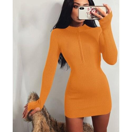 Sexy Black Long Sleeve V-Neck Slim Fit Stretchy New Solid Fashion Party Fall Knitted Dress Zipper Bodycon Dresses