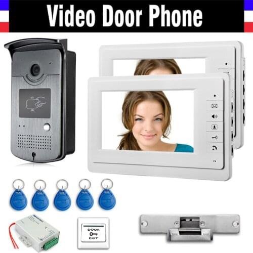 7" Color 2 PCS Screen Video Door Phone Intercom System + Electric Strike Lock + Power supply controller+ 5 PCS ID Keyfobs