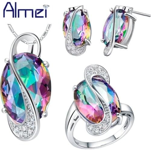Almei 50% off Fashion Pendant Earrings Ring Crystal Silver Color Bijoux African Mystic Jewlery Set Wedding Necklaces Sets T472
