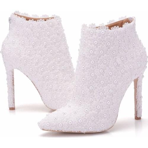 Plus size white lace wedding shoes boots with thin heels pointed single boots and high heels wedding shoes Martin boots
