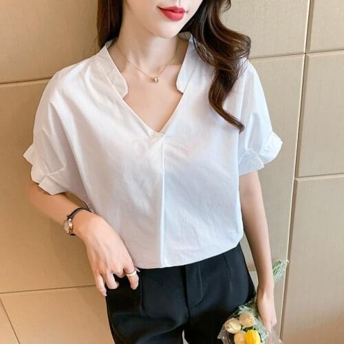 Womens Summer Short Sleeve Blouse Loose Design Ladies V-neck White Shirt Fashion Cotton Elegant Blouses Femme Chic Tops Women