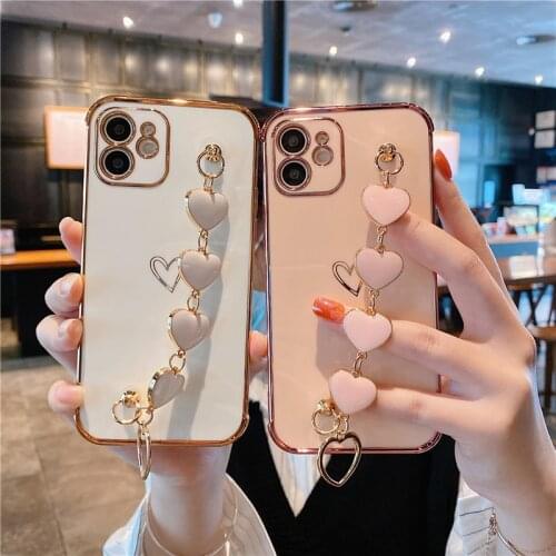 Love heart crystal bracelet plating case for iPhone 11 12 Pro Max girls cases for i Phone X XR XS 7 8 Plus SE candy cover coque