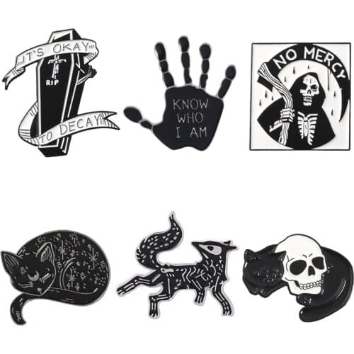 Black Punk Coffin Grim Reaper Magic Sorcerer Cat Skull Hand Palm Halloween Enamel Pins Lapel Brooches Wholesale Gothic Jewelry