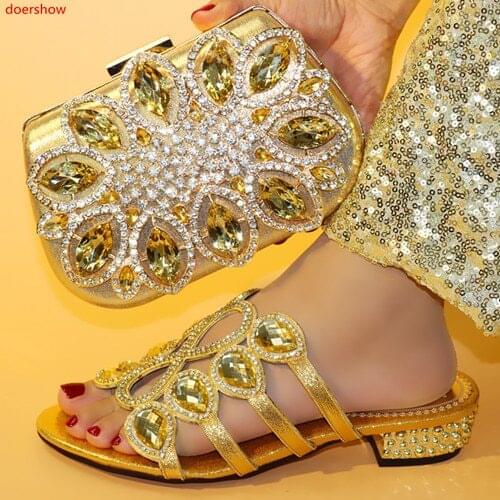 Doershow Italian Shoes with Matching Bags 2018 African Shoe and Bag Set nice gold Design African Shoes and Bag Set ! HFF1-12